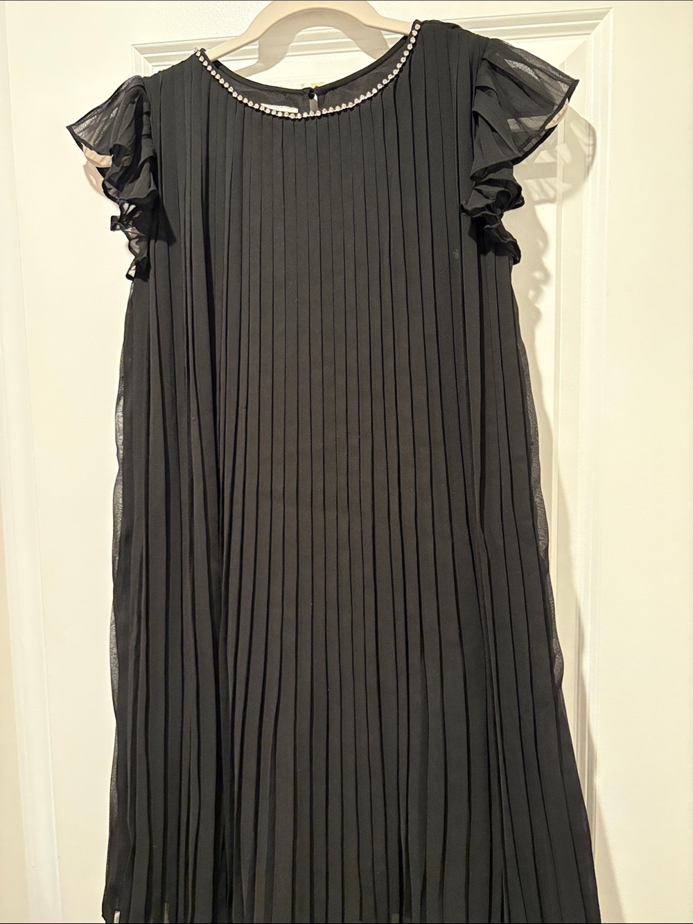 Monsoon Black Pleated Dress with Ruffle Sleeves and Beaded Neckline